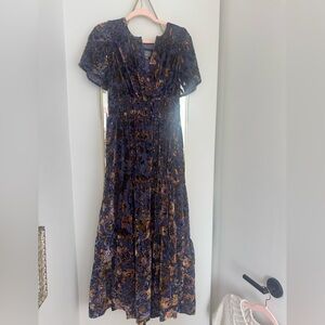 Anthropologie Navy Maxi Dress with Rust Floral Print